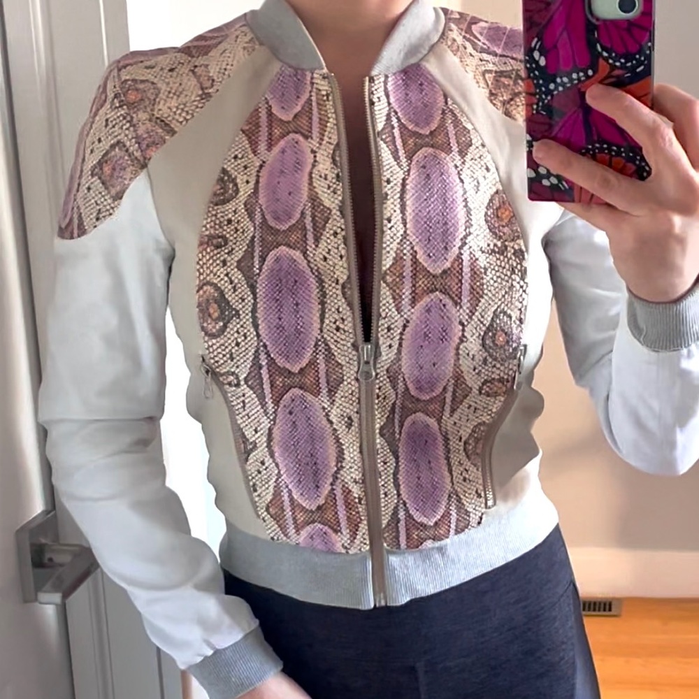 REBECCA MINKOFF Leather Bomber Jacket Textured Snake Print Pastel Color Block XS